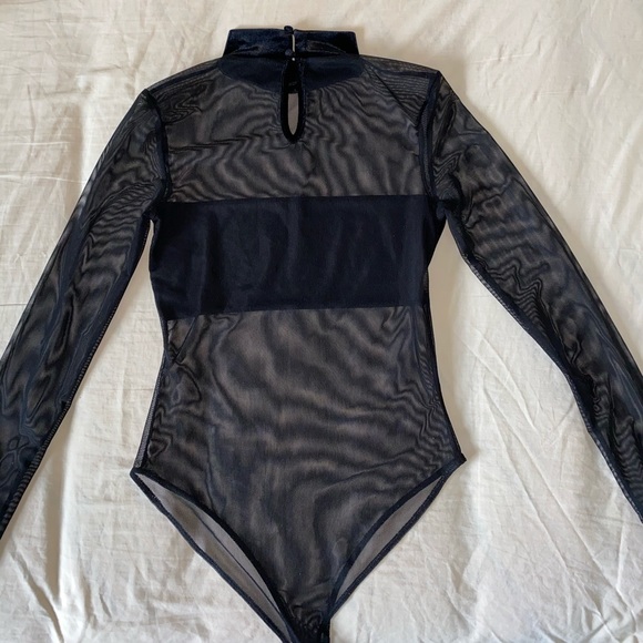 Sheer mesh long sleeve bodysuit with velvet - Picture 2 of 4
